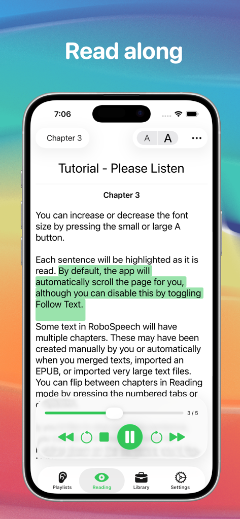 RoboSpeech app interface showing text highlighting and audio playback controls for the Read Along feature