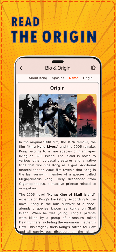 Kong Wiki | KongPedia - Mobile app interface showing the origin and history of King Kong with descriptive text and movie screenshots