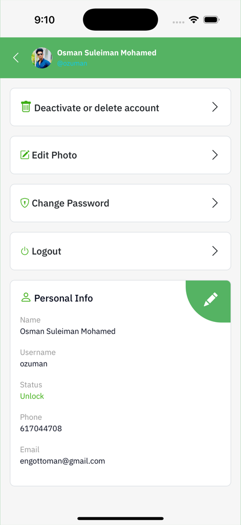 Dermasom - User profile and account settings screen in the Dermasom app displaying personal information and management options.