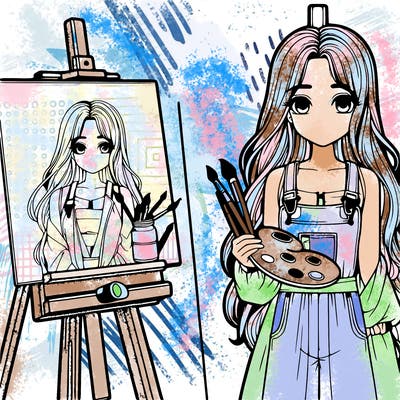 a realistic girl with long hair and shes a painter shes holding a paint pallet and easel with a blank canvas on it next to her