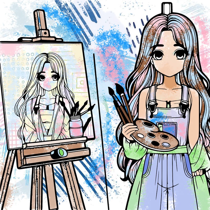 a realistic girl with long hair and shes a painter shes holding a paint pallet and easel with a blank canvas on it next to her
