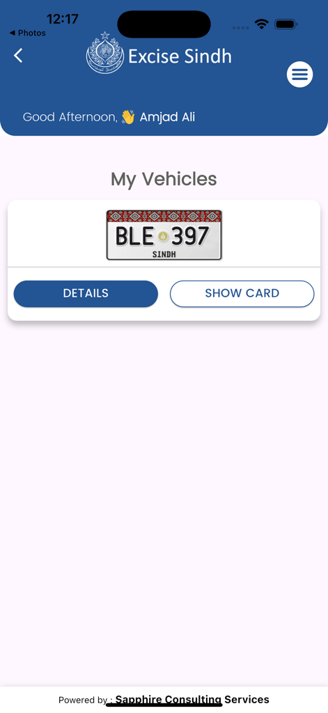 Excise Sindh - Excise Sindh app screen showing the My Vehicles section with a registered license plate