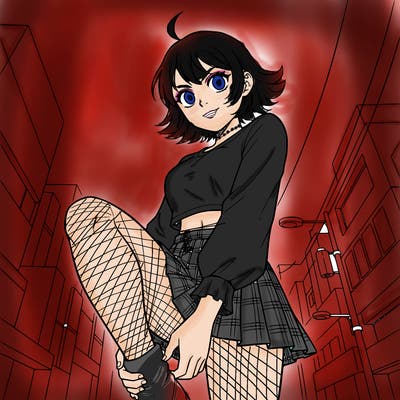 a girl with a twisted leg and short hair and is wearing a skirt and a long sleeve crop top
