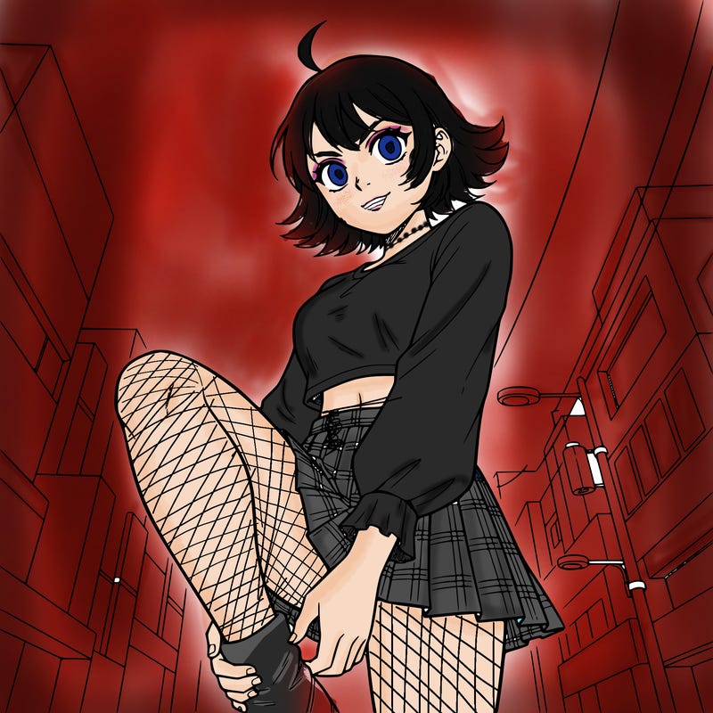 a girl with a twisted leg and short hair and is wearing a skirt and a long sleeve crop top