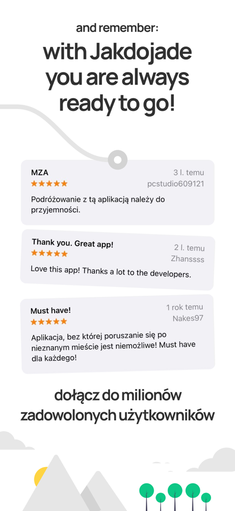 Positive user testimonials and reviews for the Jakdojade Premium transit and navigation app