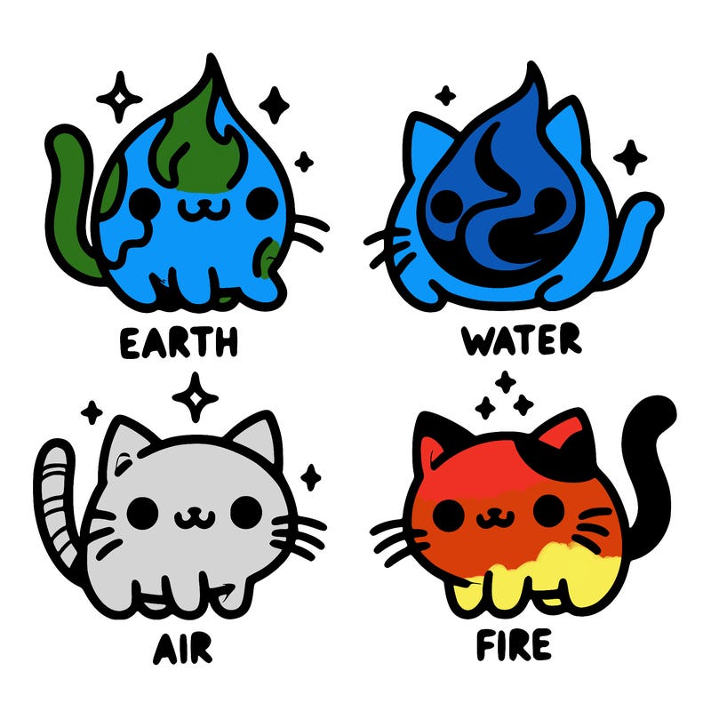 4 cats that represent the different elements, earth, water, air, and fire