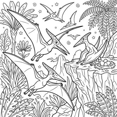 Dive into the Mesozoic era with this captivating Pterodactyls coloring page, featuring majestic flying reptiles amidst a lush prehistoric world. Discover a scene teeming with life, from soaring creatures to a cozy nest, ready for your creative touch.