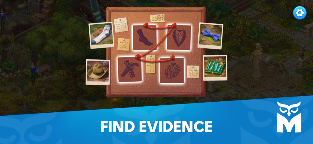 Mystery Matters Adventure Game - An investigation board with photos and connected clues in the Mystery Matters game