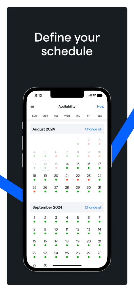 Daytrip Driver - Interfaz de la aplicación Daytrip Driver que muestra un calendario para definir el horario de conducción y establecer la disponibilidad