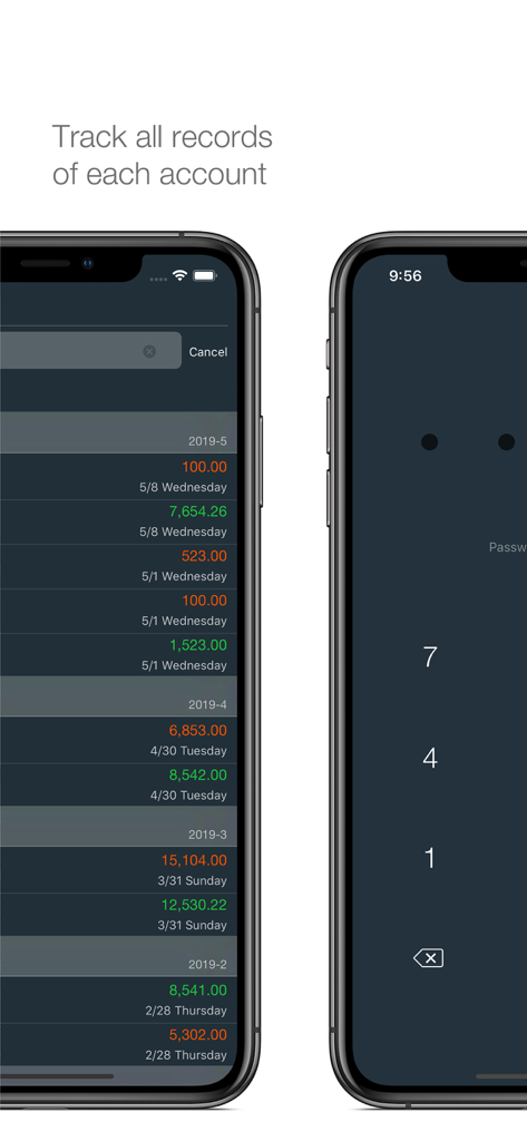 Money - Track easily - A transaction history list and a passcode lock screen on iPhone