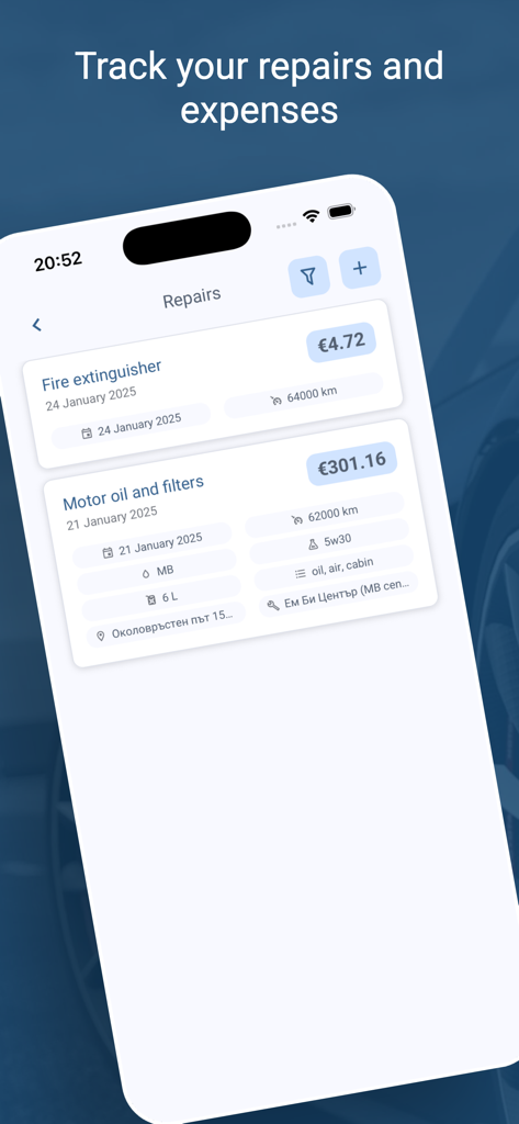 CarDiary - Expenses and fuel - モバイルアプリ画面。車の修理履歴とメンテナンス作業の経費追跡が表示されています