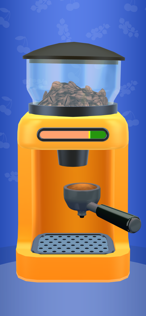 Una máquina de espresso amarilla moliendo granos de café en un portafiltro en el juego Blend It 3D