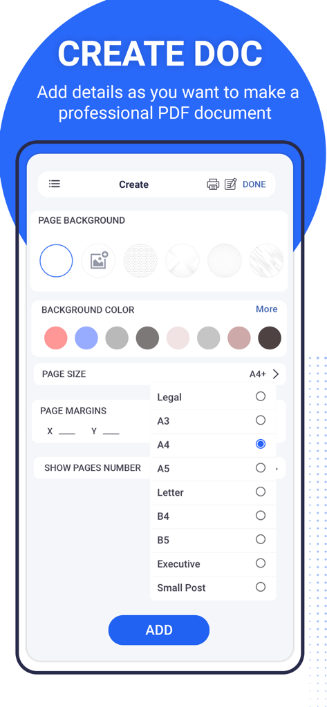 PDF Editors - Tela do aplicativo móvel mostrando opções para criar um documento PDF personalizado com configurações para cor de fundo, tamanho da página e margens.
