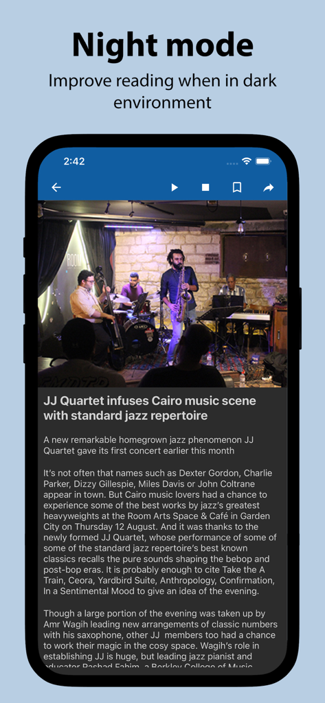 Akhbar Egypt - اخبار مصر - Akhbar Egypt mobile app screen showing a news article in dark mode feature