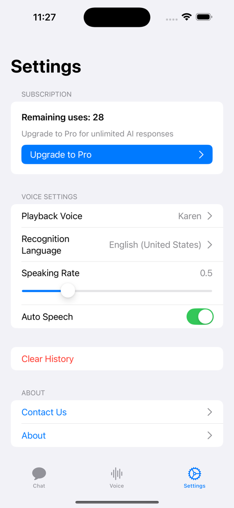 Chinese AI - Speak Chinese App - The settings interface of the Chinese AI Speak Chinese app showing voice controls and subscription details