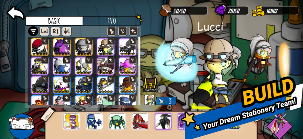 Stationery Heroes game menu displaying a grid of collectible stationery character cards and a build your dream team call to action