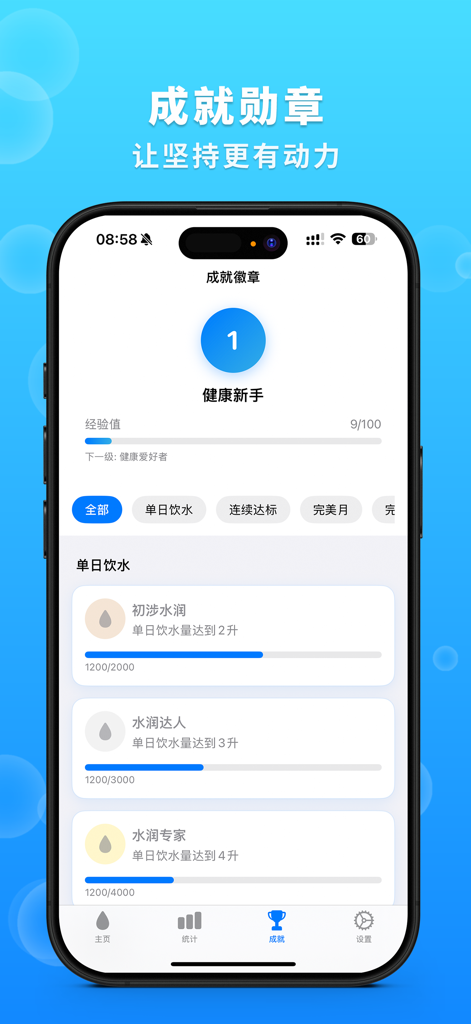Interfaccia di un'app mobile che mostra badge di raggiungimento dell'idratazione e barre di progresso degli obiettivi giornalieri.
