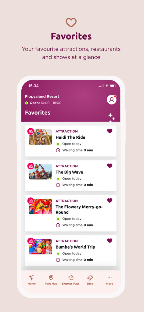 Plopsaland Resort Belgium - Plopsaland Resort app favorites screen showing live wait times for attractions like Heidi The Ride and The Big Wave