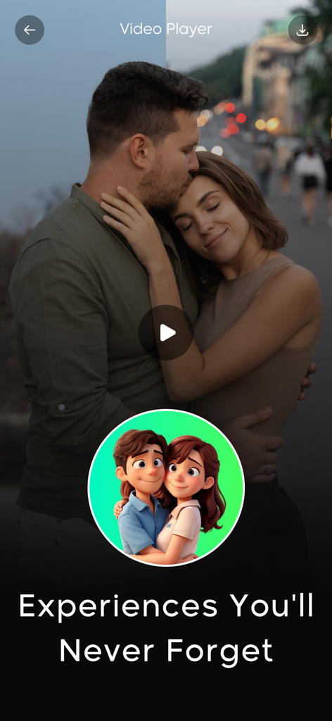 AI Hug Video Generator - HugAI - A couple in a warm embrace within a video player interface of the AI Hug app with the text Experiences You'll Never Forget