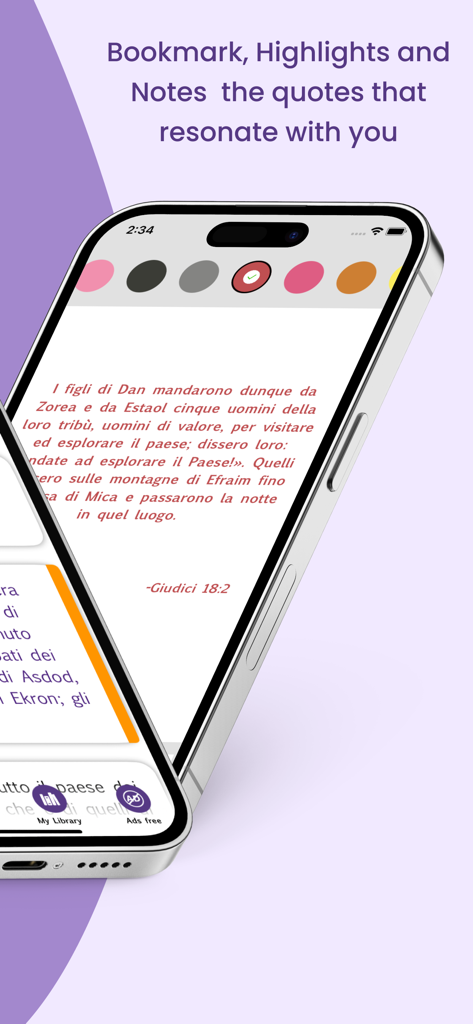 Interfaz de la aplicación Biblia Italiana mostrando funciones de resaltado y marcadores para las escrituras