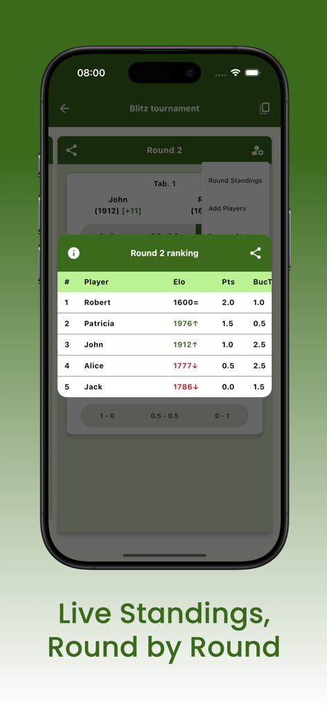 Chess Tournament Manager Pro - Una interfaz móvil que muestra las clasificaciones en vivo ronda por ronda con el ranking de los jugadores y las calificaciones Elo.