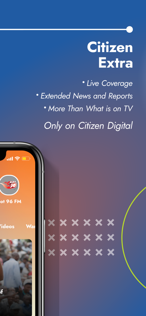 Citizen Digital mobile app screen promoting live news coverage and extended reports.