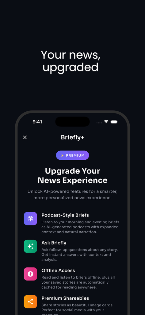 Briefly: News in Seconds - Briefly Plus premium features screen displaying podcast style briefs and AI powered news tools