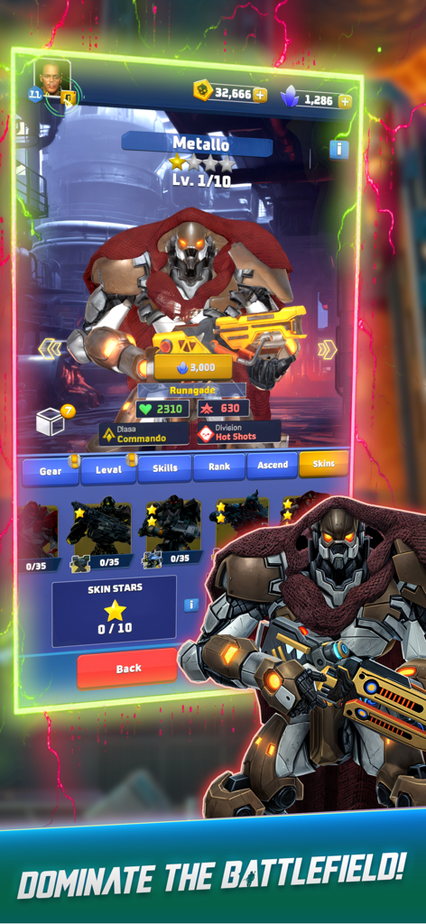 Space Quest: Alien Invasion - Schermata del profilo dell'eroe per Metallo in Space Quest Alien Invasion che mostra statistiche e opzioni di potenziamento.