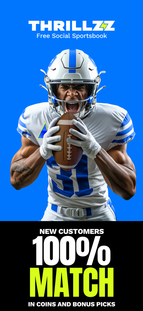 Promotional banner for Thrillzz Free Social Sportsbook featuring an American football player and a 100 percent match offer for new customers