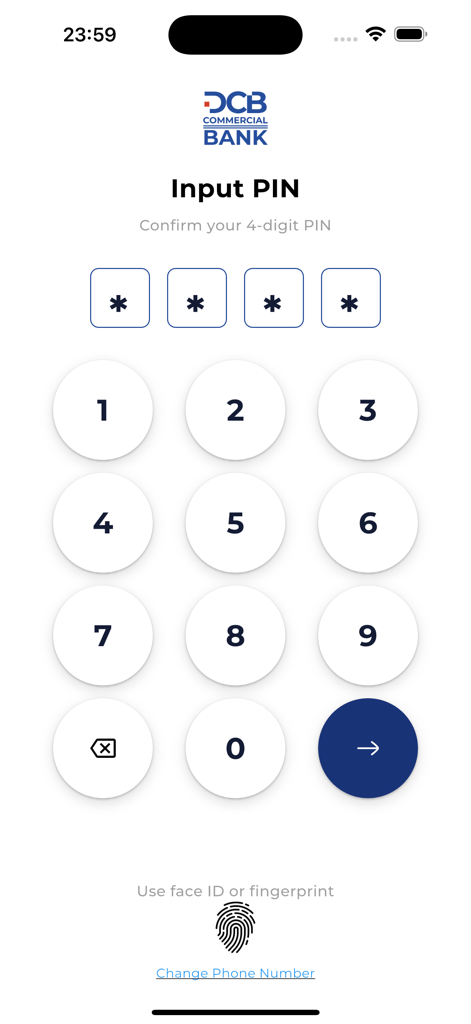DCB Pesa Plus - Pantalla de inicio de sesión de la aplicación DCB Pesa Plus con un teclado numérico para la entrada del PIN y opciones de autenticación biométrica