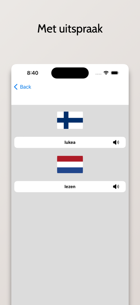 Fins-Nederlands woordenboek - Interface of the Finnish-Dutch dictionary app showing the translation and pronunciation for the word read.