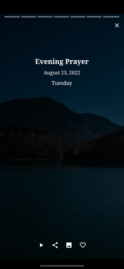Daily Light On The Daily Path - Evening prayer screen with a serene mountain and lake background in the Daily Light app