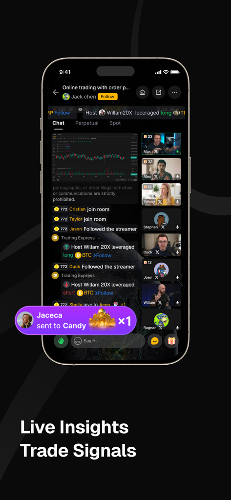 Pumpkin Pro - A mobile interface showing Pumpkin Pro live trading room with creator video feeds, community chat, and real-time trade signals.