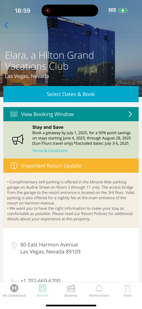 Hilton Grand Vacations app screen showing Elara resort booking details in Las Vegas
