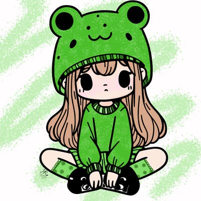 a girl wearing a frog hat and some frog socks