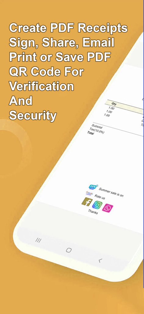 Receipt Maker:Sign Send, Print - Receipt Maker app screen showcasing PDF receipts, digital signatures, and QR code security features.