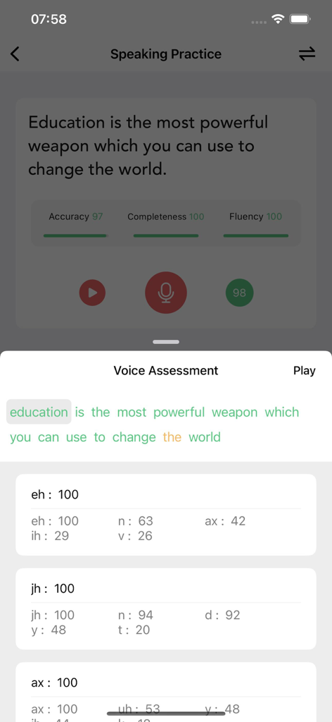 IELTS Practice | Test - Pantalla de práctica de habla IELTS con evaluación de voz en tiempo real y puntuación de pronunciación.
