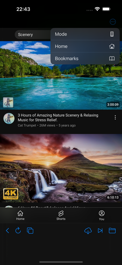Video Saver Web Browser :iVLD - Interfaz del Navegador Web Guardador de Vídeos iVLD que muestra un feed de vídeo y un menú de navegación