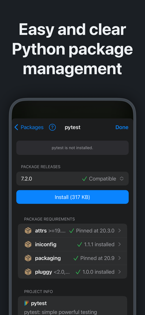 Interface do aplicativo Juno mostrando gerenciamento e instalação de pacotes Python para pytest em um dispositivo móvel