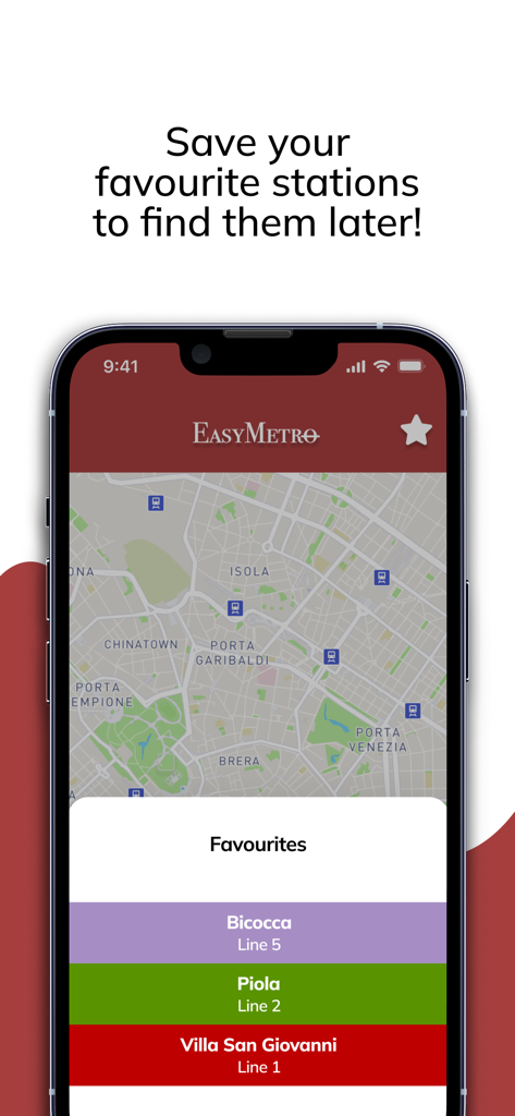 EasyMetro Italy - A smartphone showing the EasyMetro Italy app with a list of saved favorite metro stations like Bicocca and Piola over a city map.