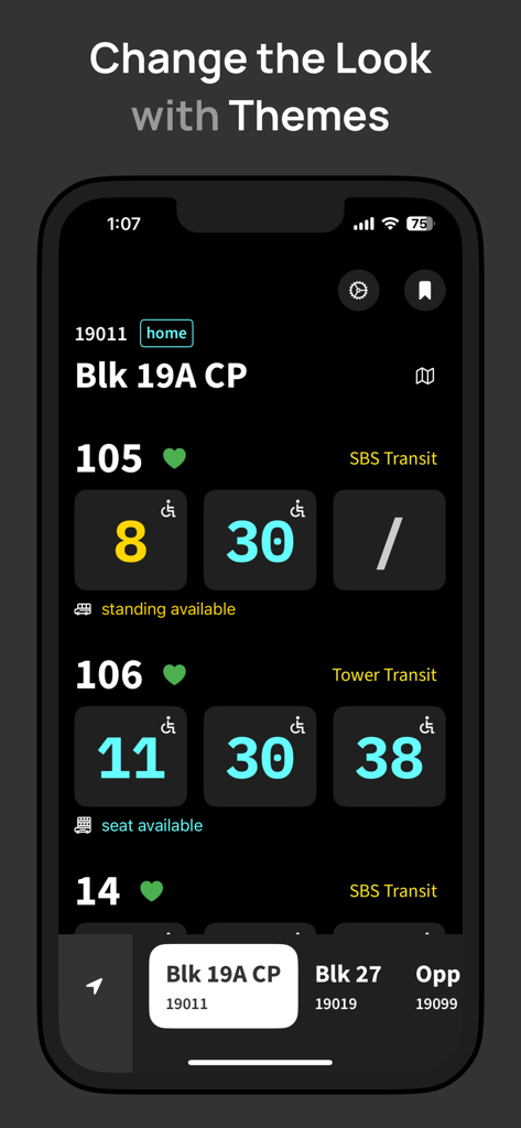 La interfaz de la aplicación Singapore Bus muestra los tiempos de llegada de los autobuses de las líneas 105 y 106 en una parada específica en un tema oscuro personalizable.