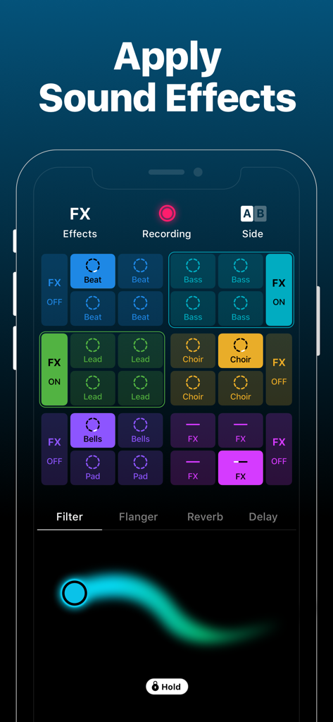 Groovepad app interface showing color coded beat pads and sound effect controls