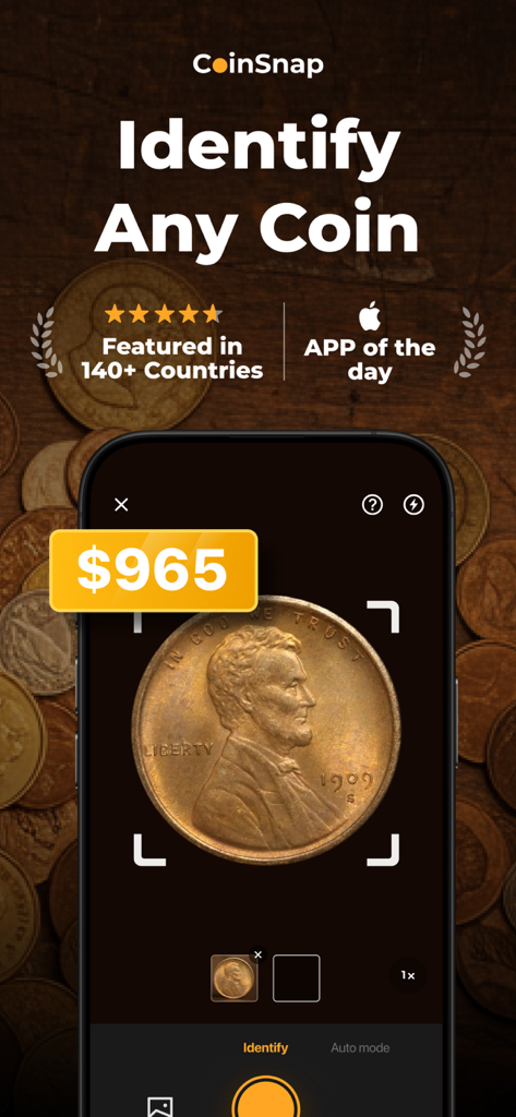 CoinSnap app scanning a rare Lincoln penny and displaying an estimated value of 965 dollars.