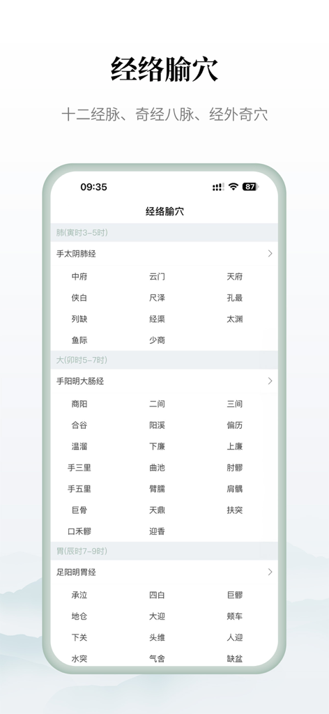 Eine Liste von Meridianen und Akupunkturpunkten der Traditionellen Chinesischen Medizin in der Zhongyi Tong App Oberfläche.