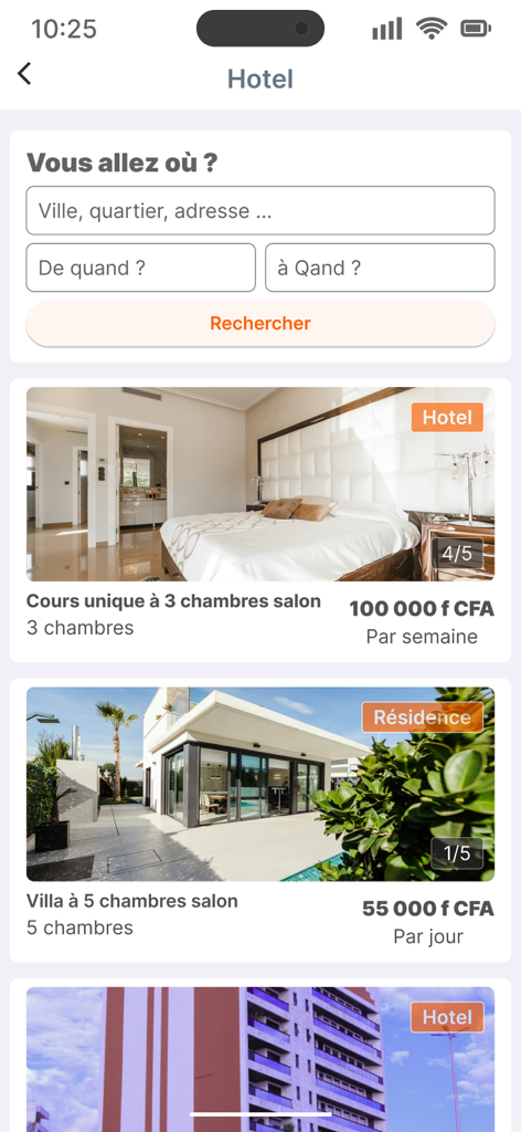 Search results for hotels and villas on the Loomi travel app interface showing prices in CFA.