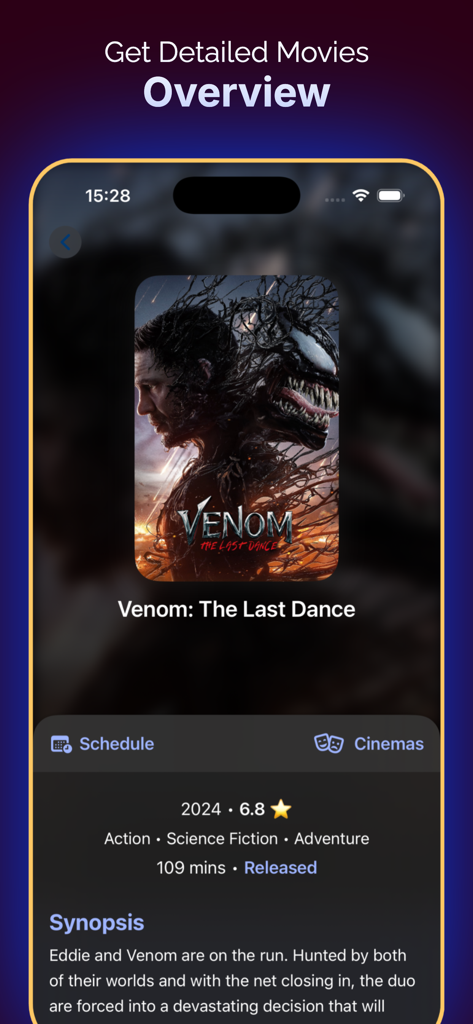 Inat TV: Movies Spinner Box - A detailed movie information page for Venom The Last Dance featuring synopsis and rating inside the Inat TV app.