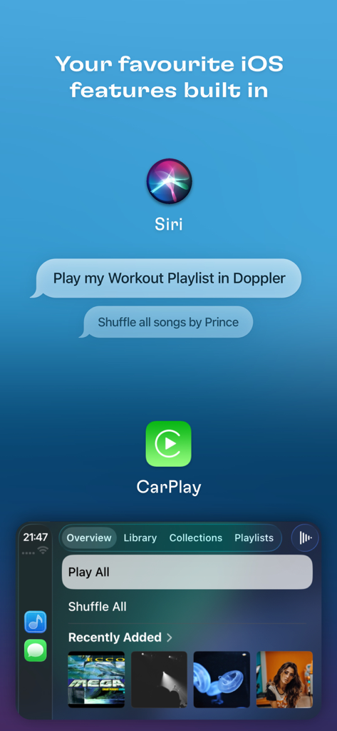 Doppler MP3 & FLAC Player - Doppler music player showing Siri voice commands and Apple CarPlay integration