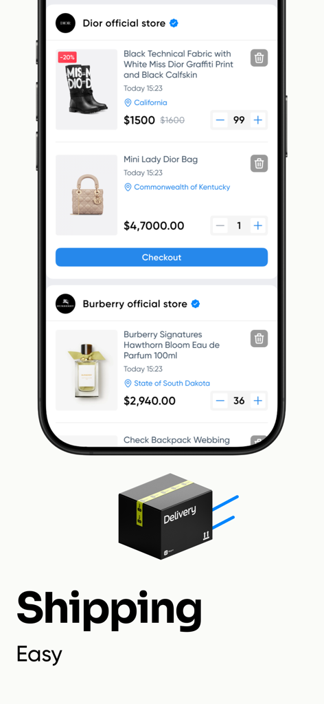 Flipgoo - Buy & Sell - Mobile screen of Flipgoo app showing a shopping cart with luxury brand items and an easy shipping delivery box icon.