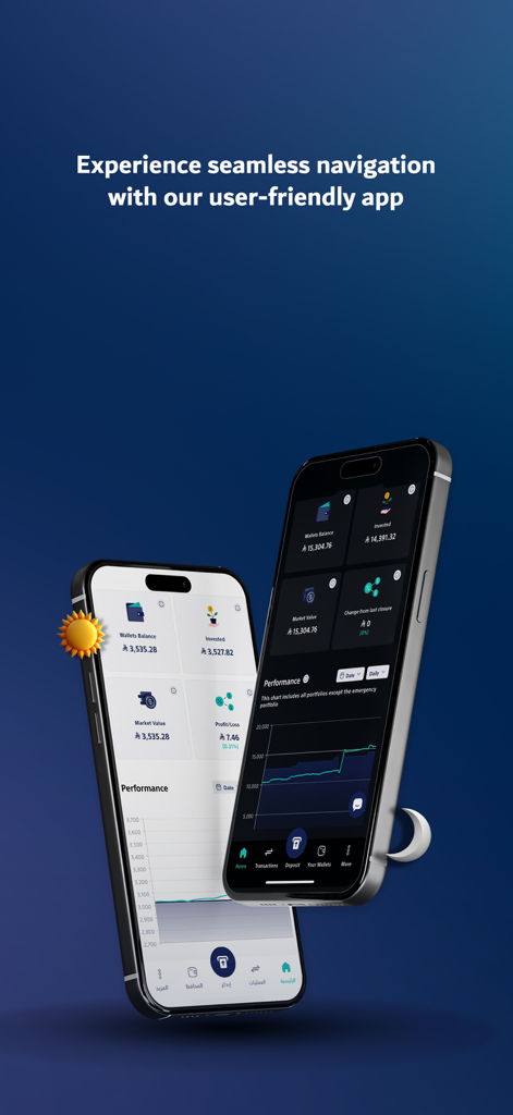 Tamra Capital mobile app dashboard showing investment portfolios in light and dark modes