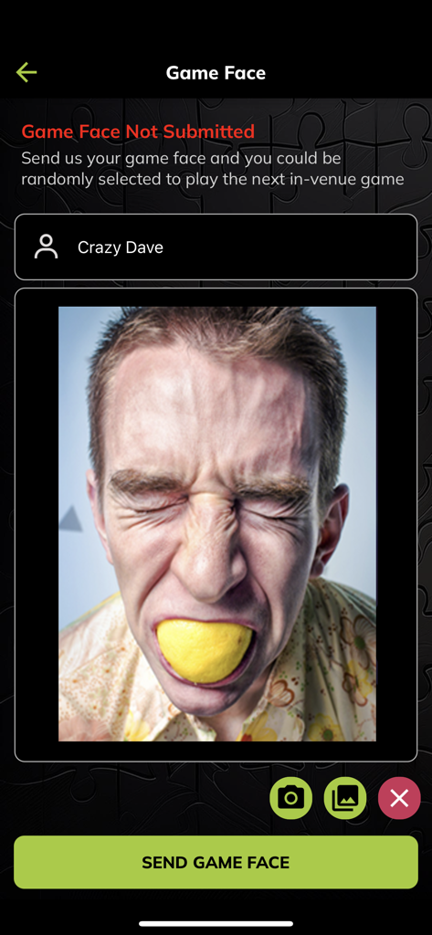 Jigsaw Interactive - Jigsaw Interactive app Game Face feature screen for in-venue game participation